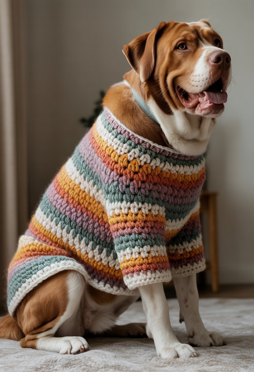 A large dog sitting indoors wearing a cozy crochet sweater with a heart design.