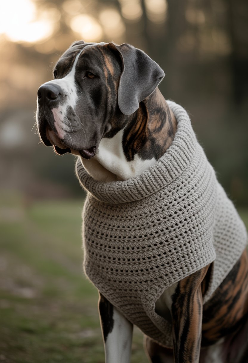 A large dog wearing a handmade crochet sweater outdoors.