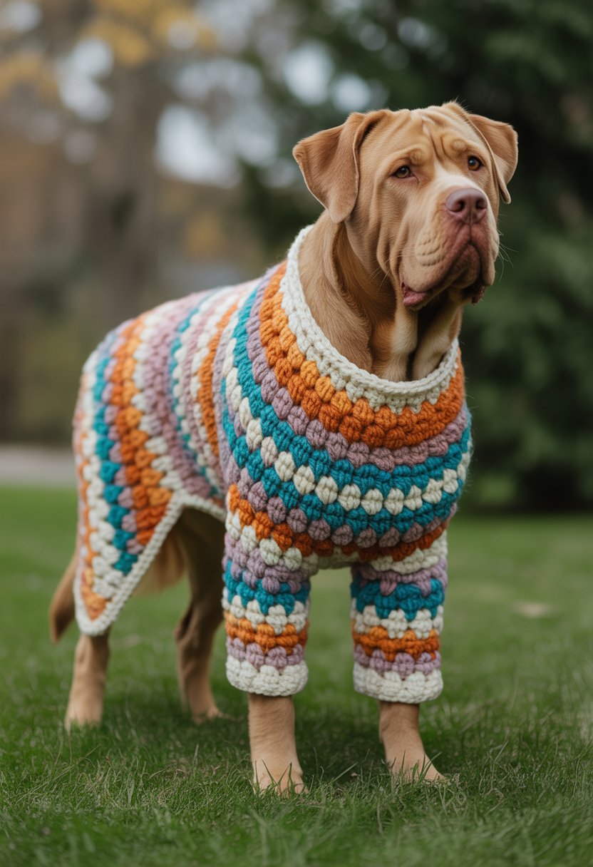 Large dog standing outdoors wearing a handmade crochet sweater on a grassy lawn.
