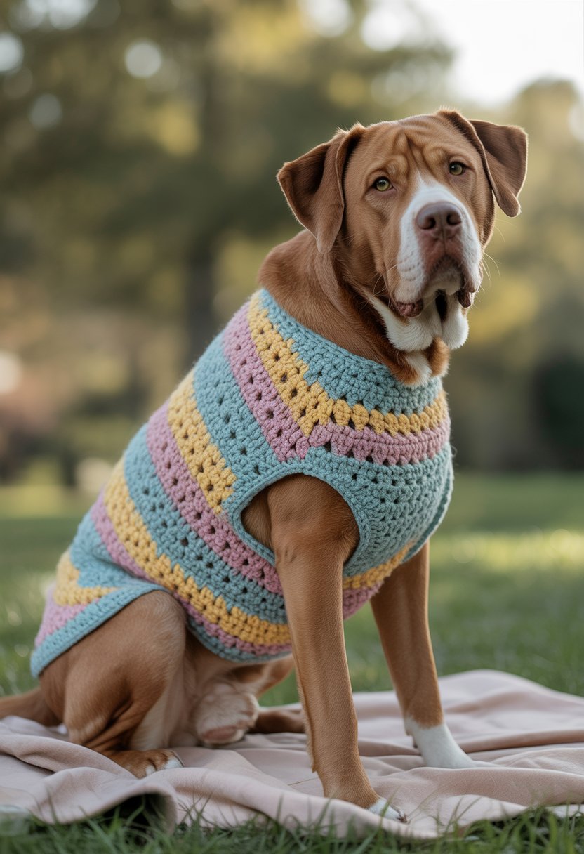 A large dog sitting outdoors wearing a colorful crochet sweater on a soft blanket with greenery in the background.