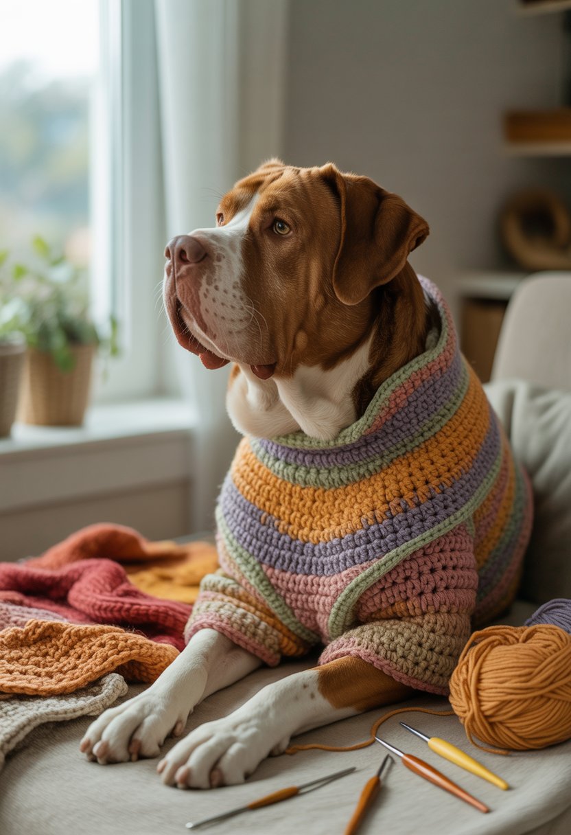 A large dog sitting indoors wearing a colorful crochet sweater surrounded by yarn and crochet hooks.
