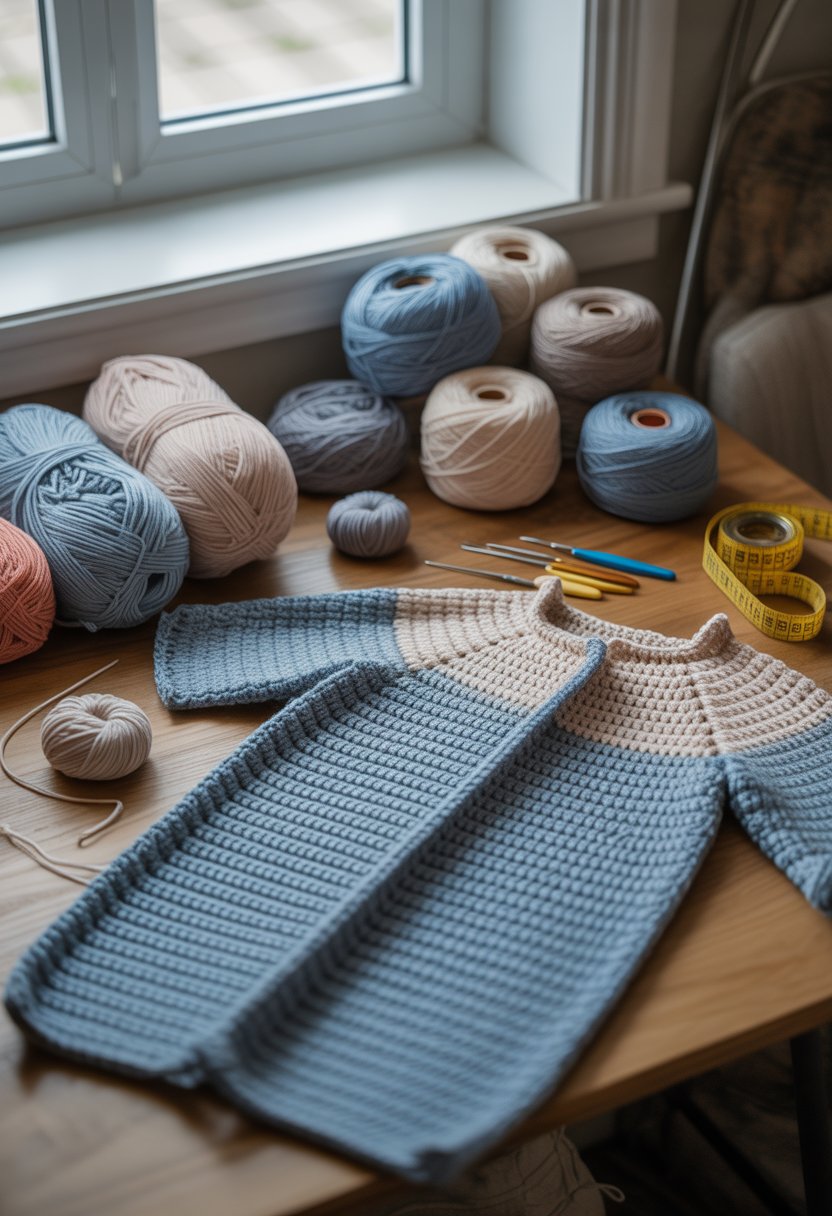 A workspace with colorful yarn, crochet hooks, and a partially completed large dog sweater on a wooden table.