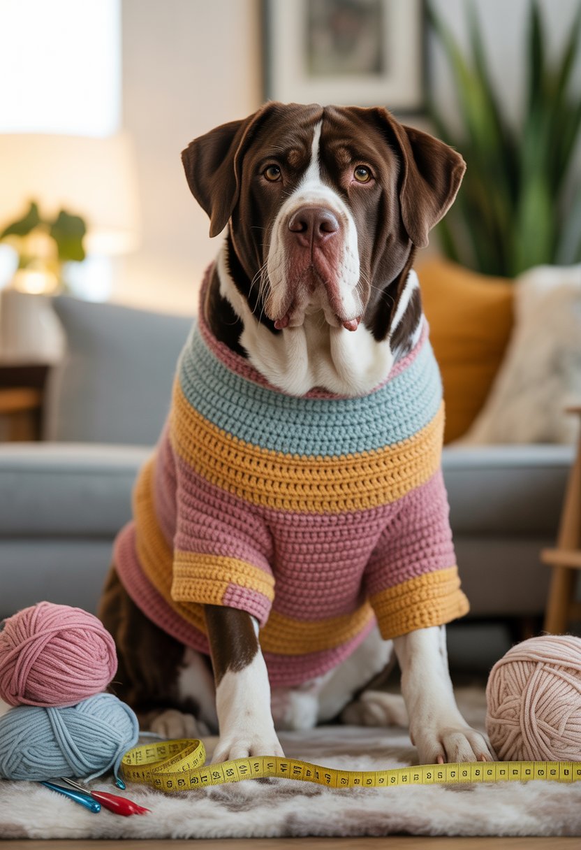 A large dog sitting indoors wearing a colorful crochet sweater, with yarn and crochet tools nearby.