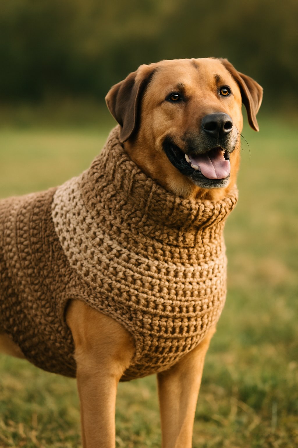 A large dog standing outdoors wearing a cozy crochet sweater.