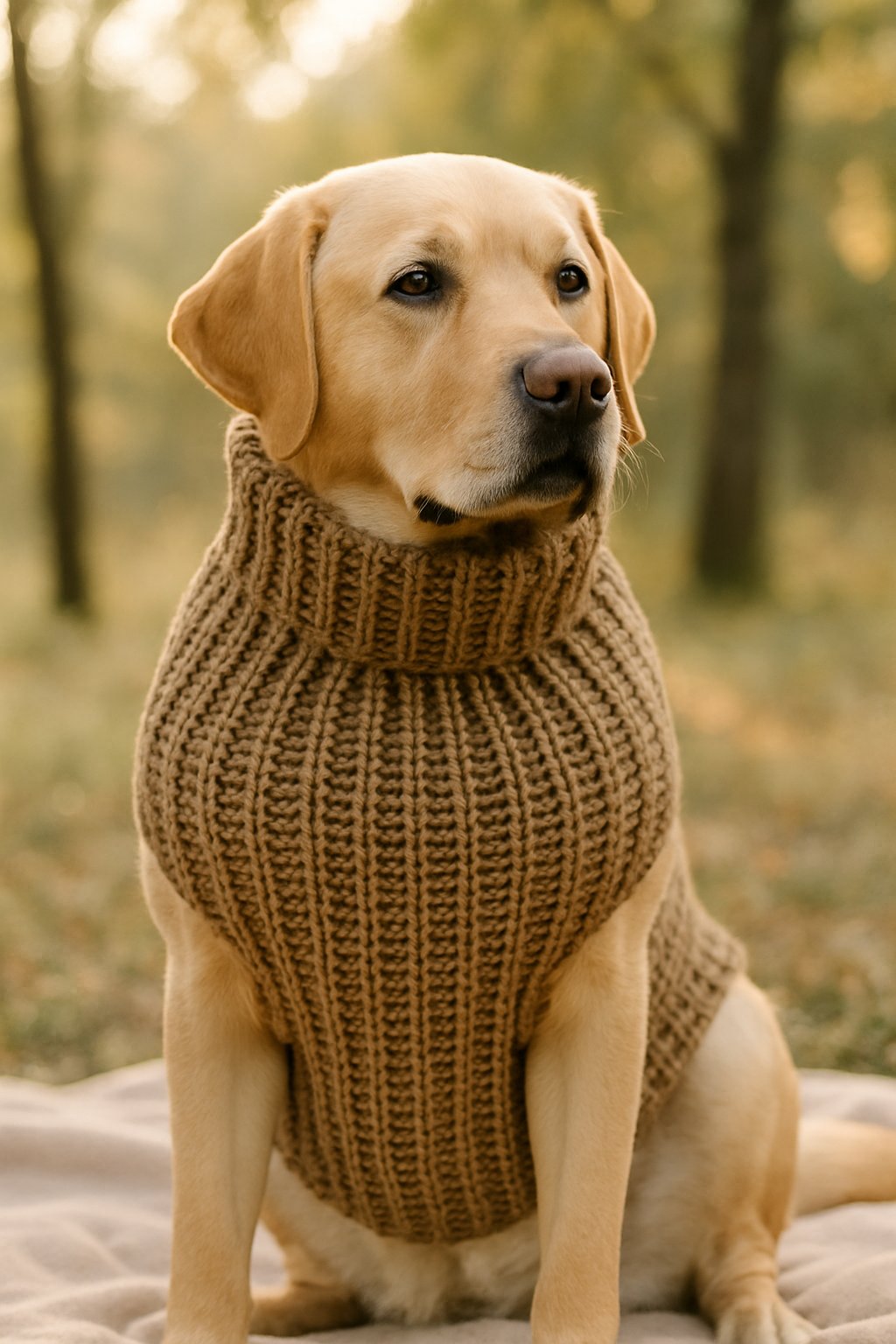 A large dog sitting outdoors wearing a chunky ribbed turtleneck crochet sweater.