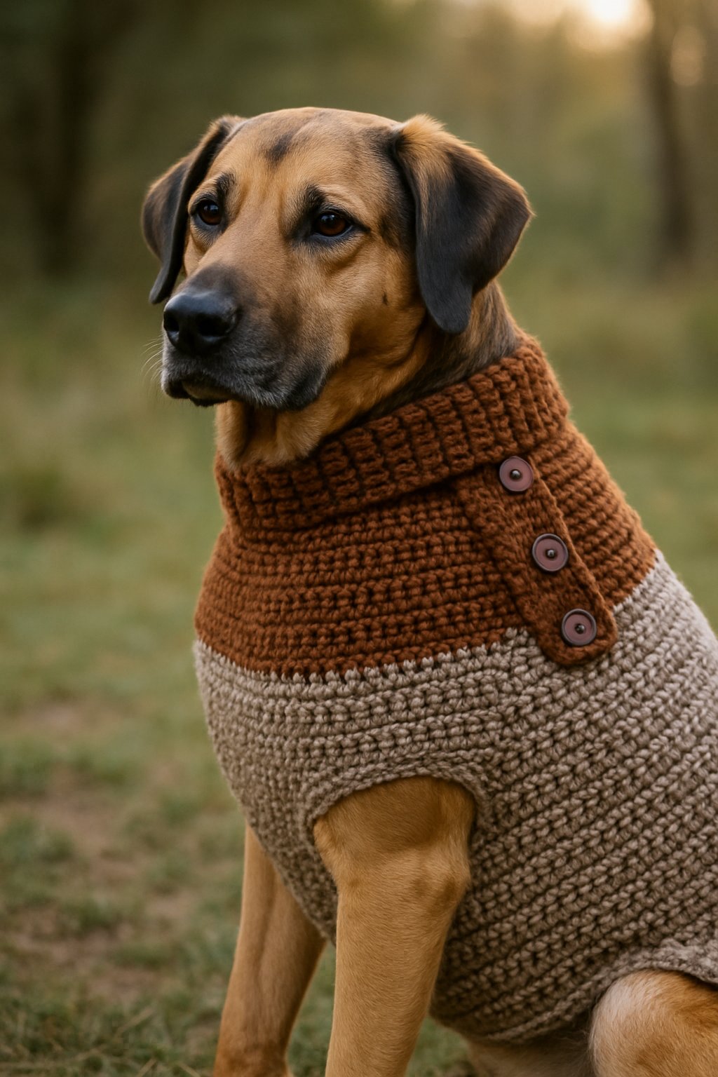 A large dog wearing a handmade crochet sweater with a button flap, standing outdoors on grass with trees in the background.