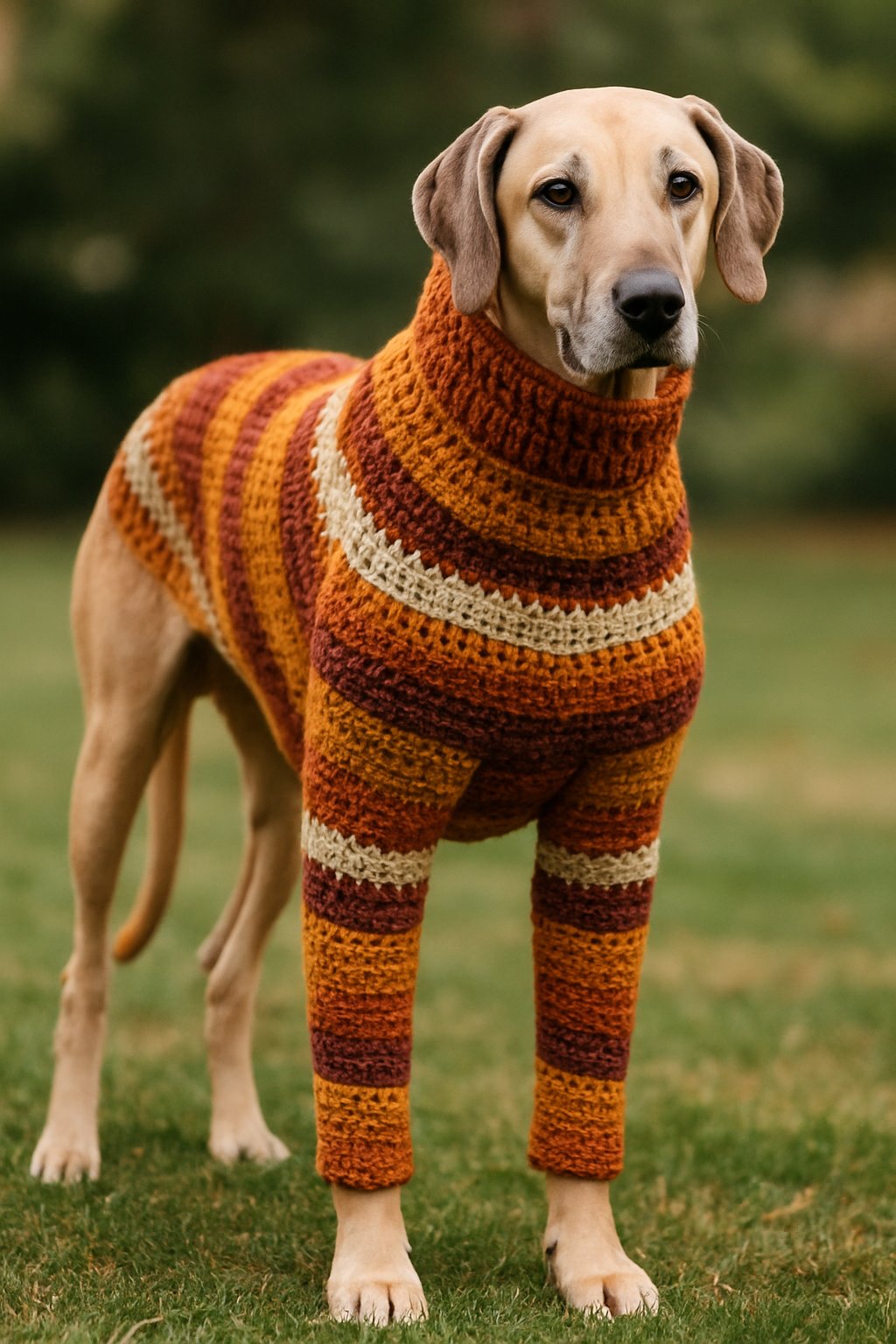 A large dog wearing a colorful crochet sweater standing on grass outdoors.