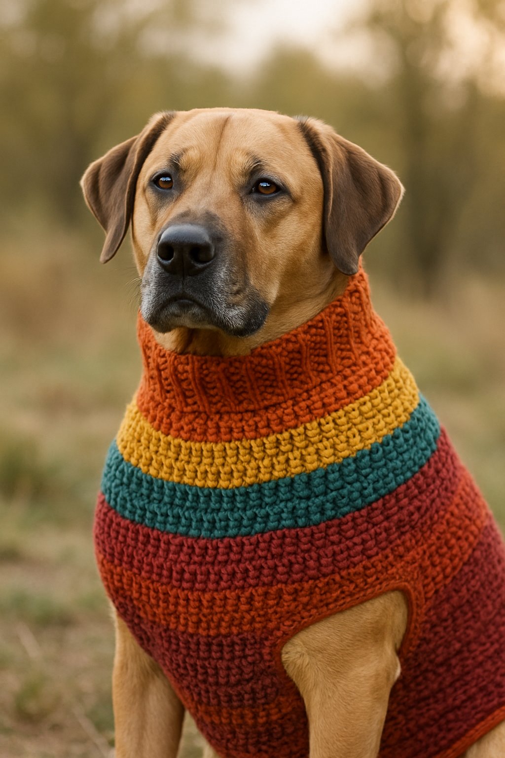 A large dog wearing a colorful crochet sweater outdoors, sitting calmly in a natural setting.