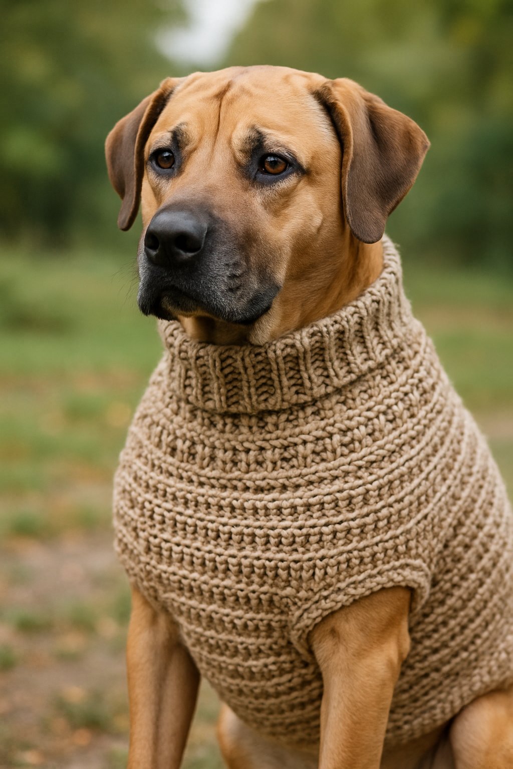 A large dog standing outdoors wearing a handmade crochet sweater, surrounded by greenery.