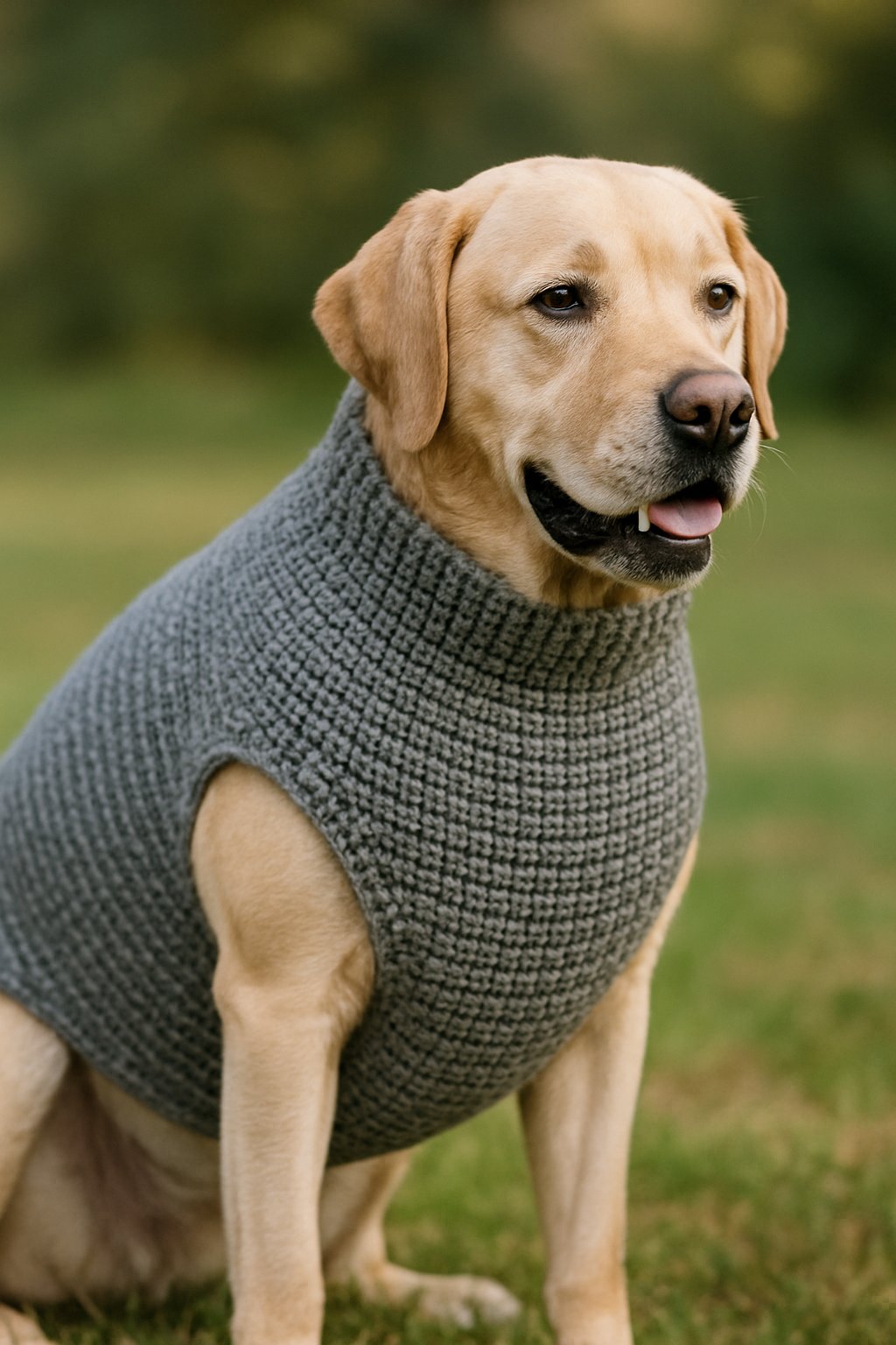 A large dog standing outside wearing a textured crochet sweater covering its body.