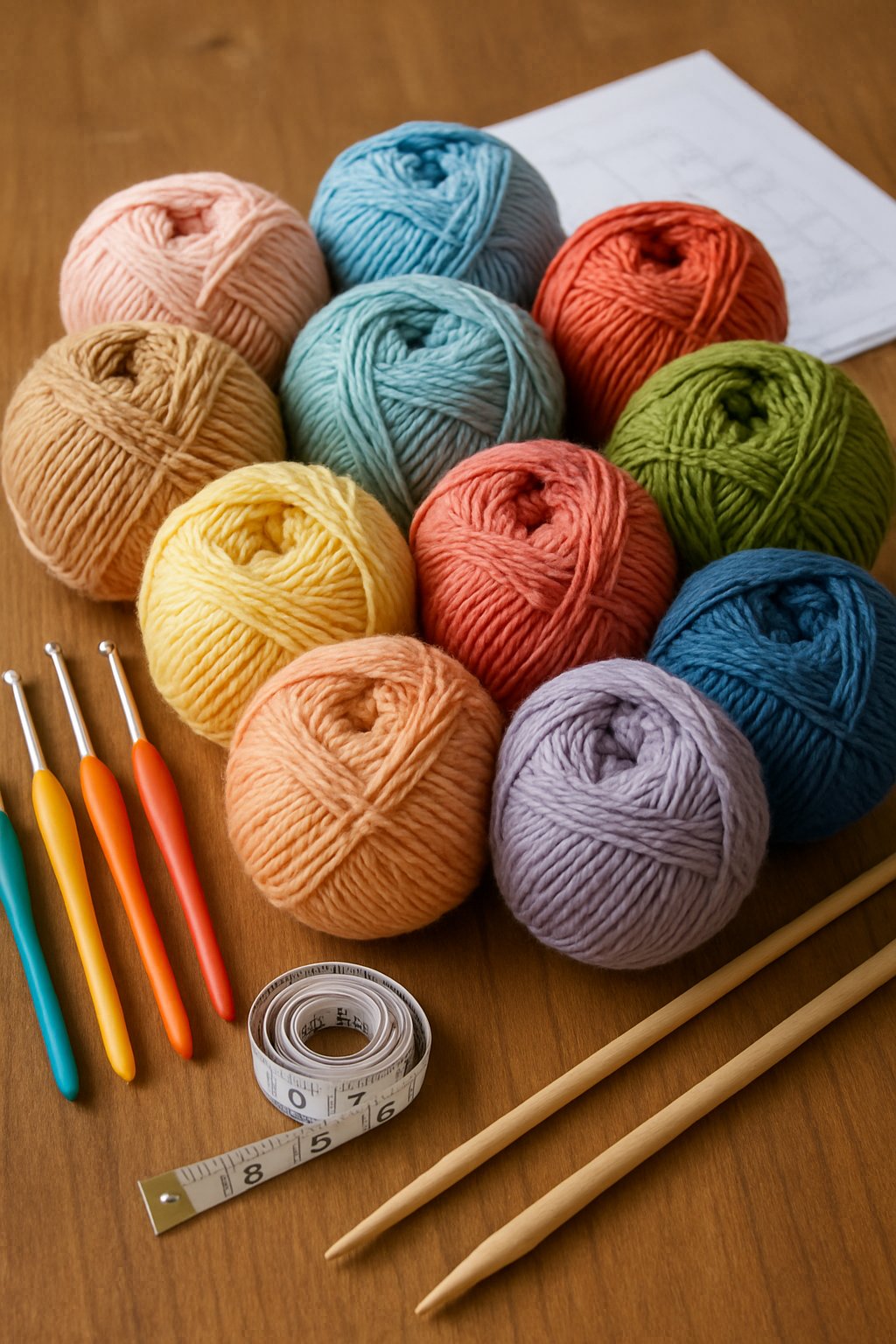 A table with colorful yarn skeins, crochet hooks, and knitting materials arranged for making large dog sweaters.