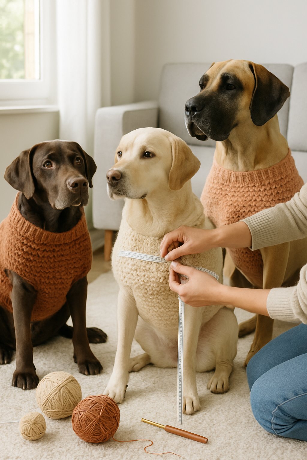 A person measuring a large dog wearing a crochet sweater indoors, with other large dogs nearby also dressed in crochet sweaters.