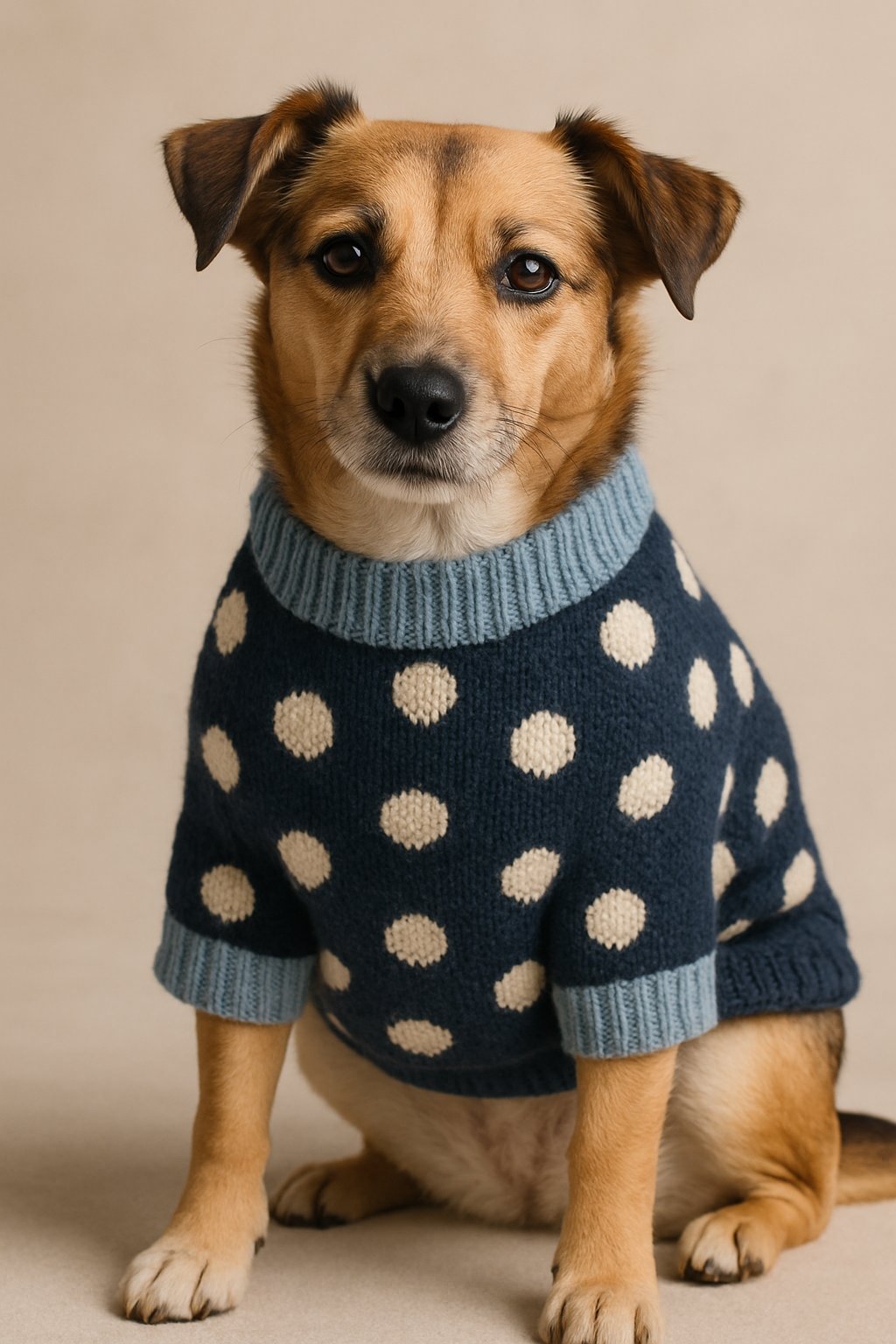 A dog wearing a spot-patterned jumper sitting on a plain background.