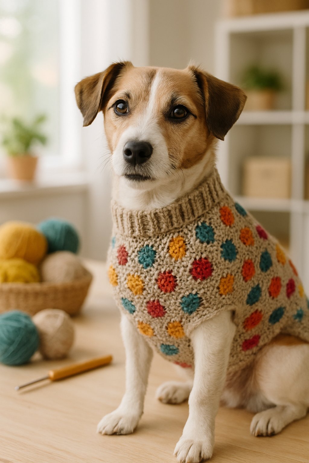 A small dog wearing a colorful spot-patterned crochet jumper sitting indoors near yarn and crochet tools.