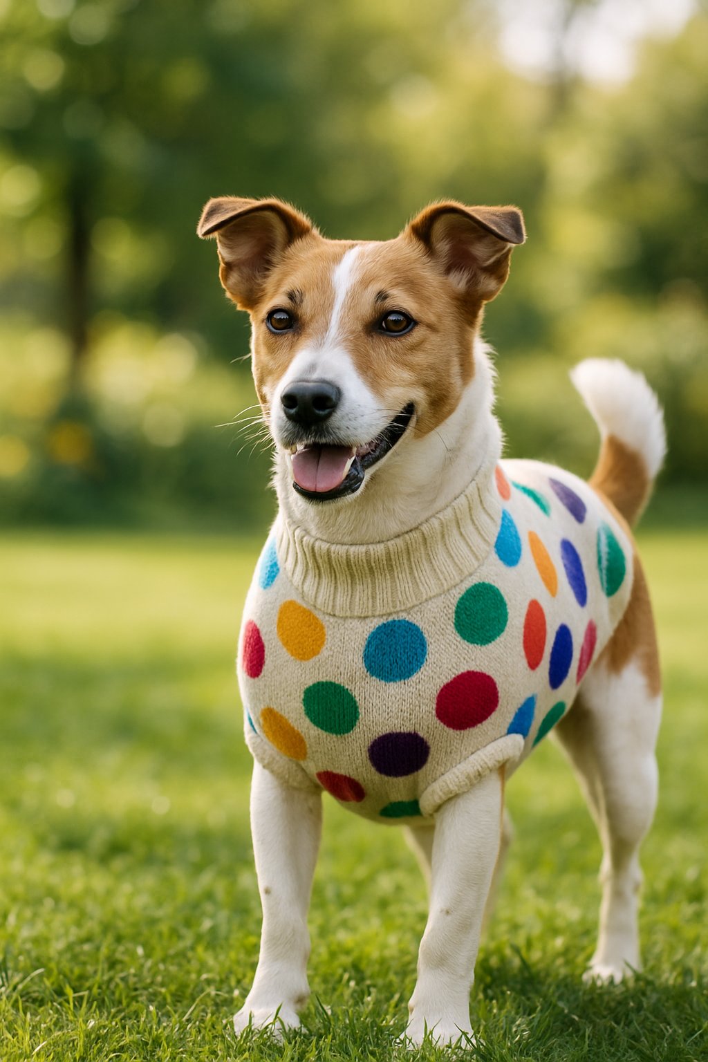 A dog wearing a colorful spot-patterned jumper standing outdoors on grass with trees in the background.