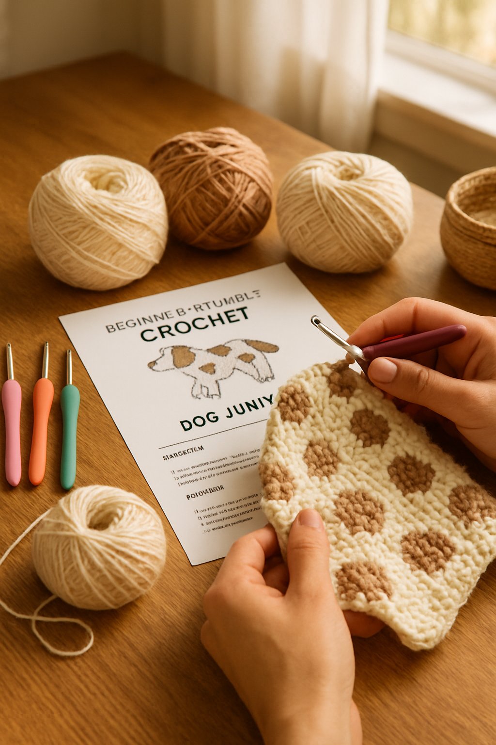 Hands crocheting a colorful dog-themed jumper on a wooden table with yarn and crochet tools nearby.