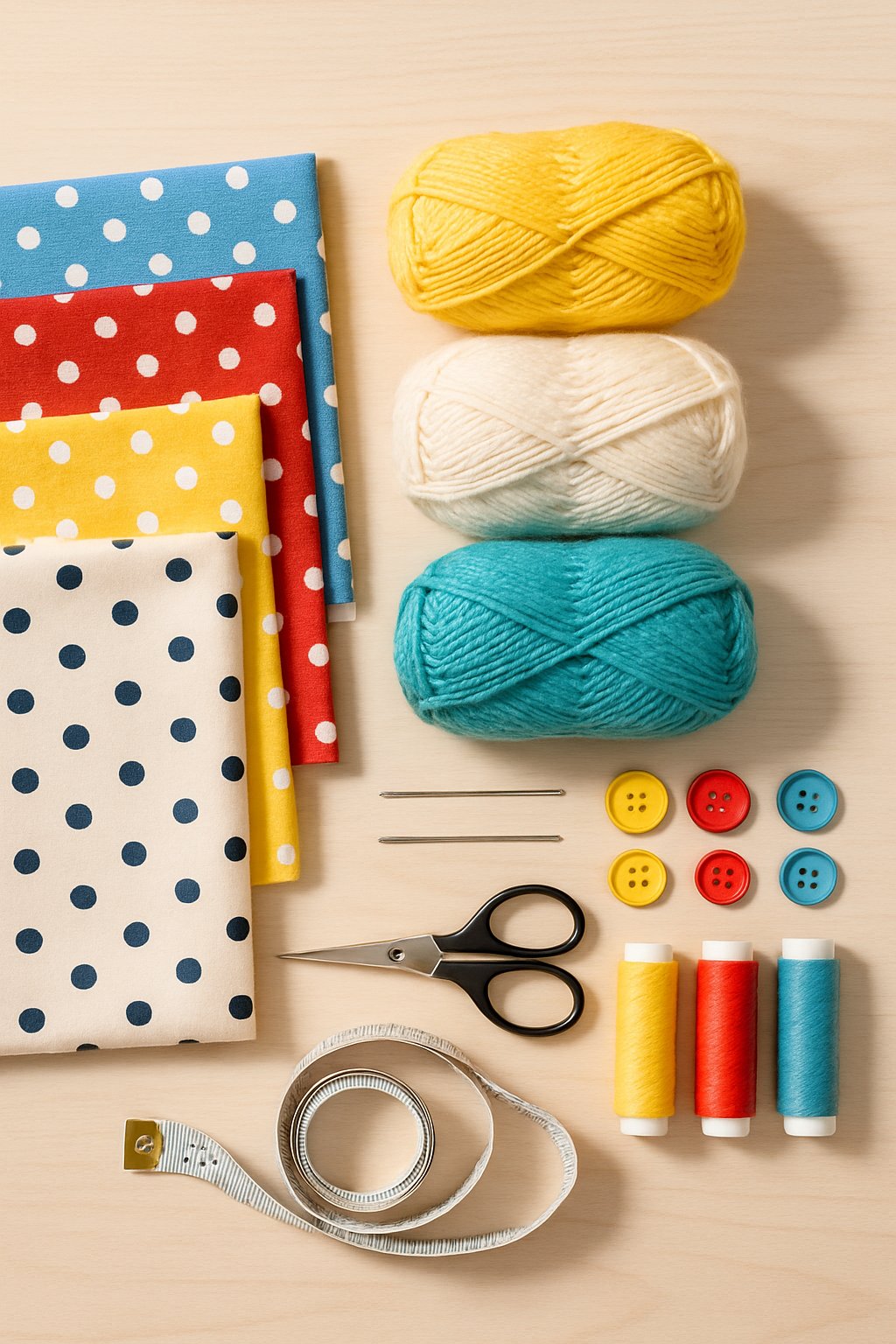 A flat lay of sewing materials including spotty fabric, yarn, scissors, needles, measuring tape, buttons, and threads arranged on a wooden surface.