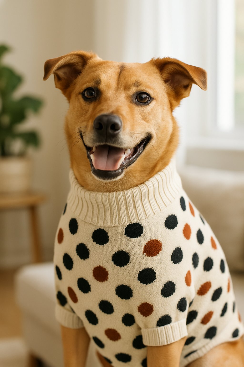 A dog wearing a spotty jumper sitting indoors with soft natural light.