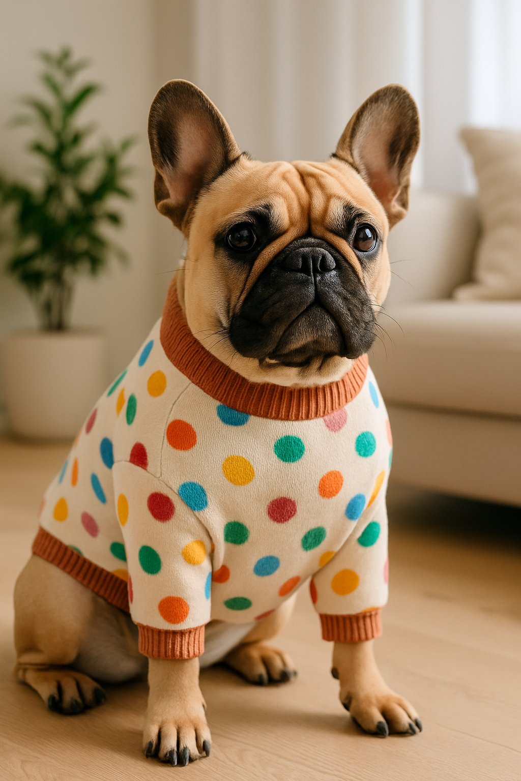 A small dog wearing a colorful spotted jumper sitting indoors on a soft surface with a minimalistic background.