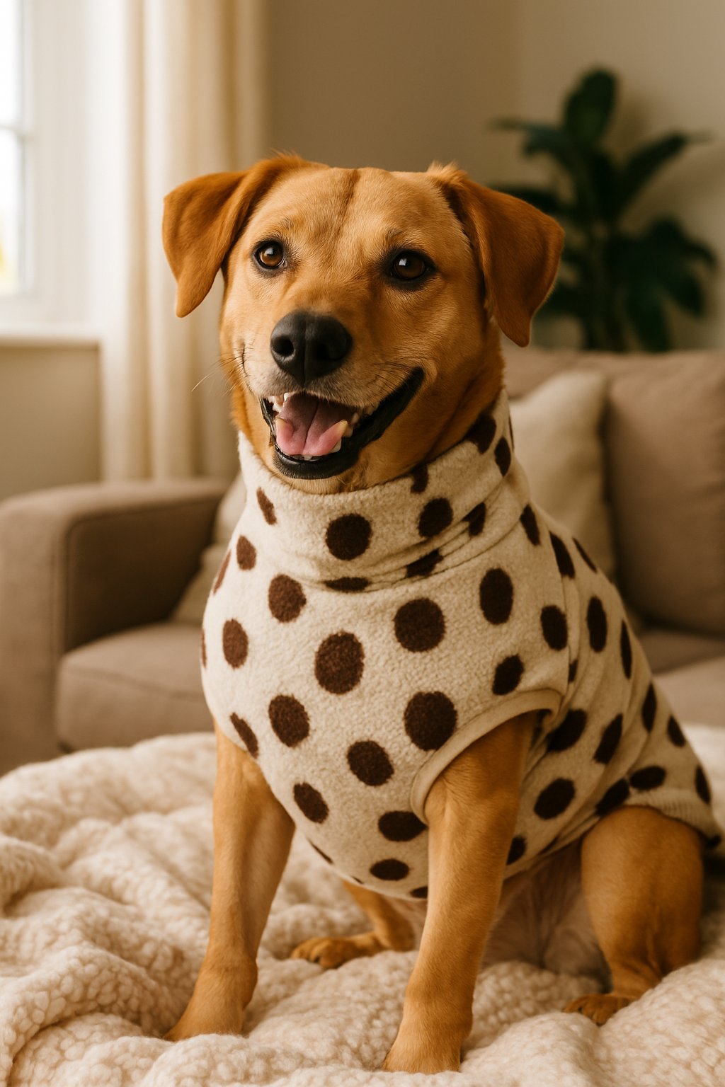 A medium-sized dog wearing a spot-patterned jumper sits comfortably on a plush blanket in a cozy indoor setting.