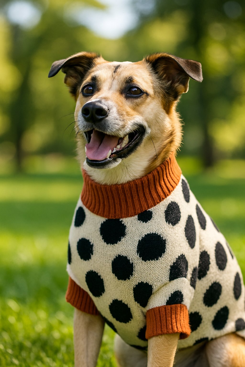 A joyful dog wearing a spotty jumper sitting on green grass outdoors.