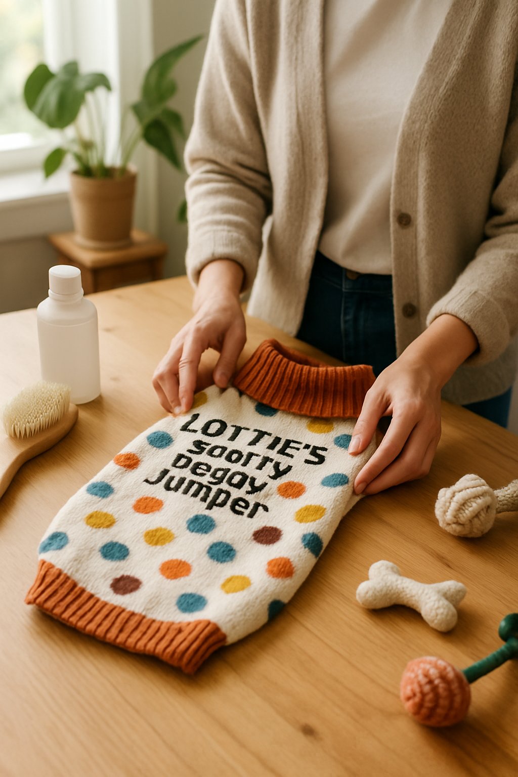 A person gently caring for a colorful spot-patterned dog jumper laid out on a wooden table in a bright indoor setting.