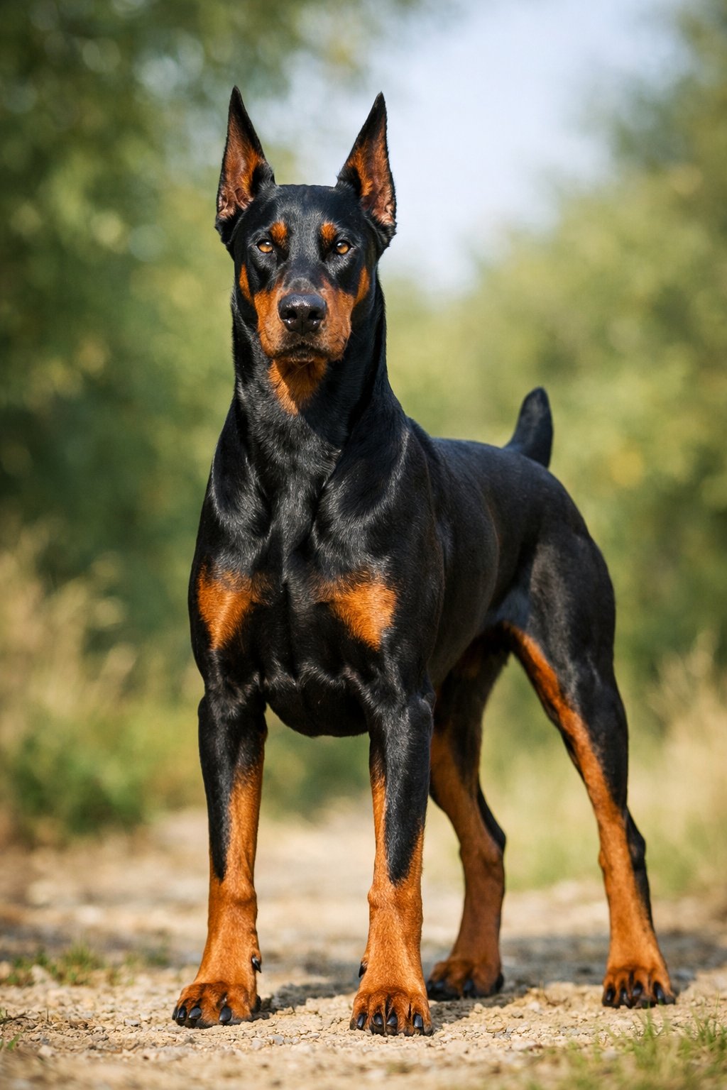 A Doberman Pinscher dog standing alert outdoors with a green blurred background.