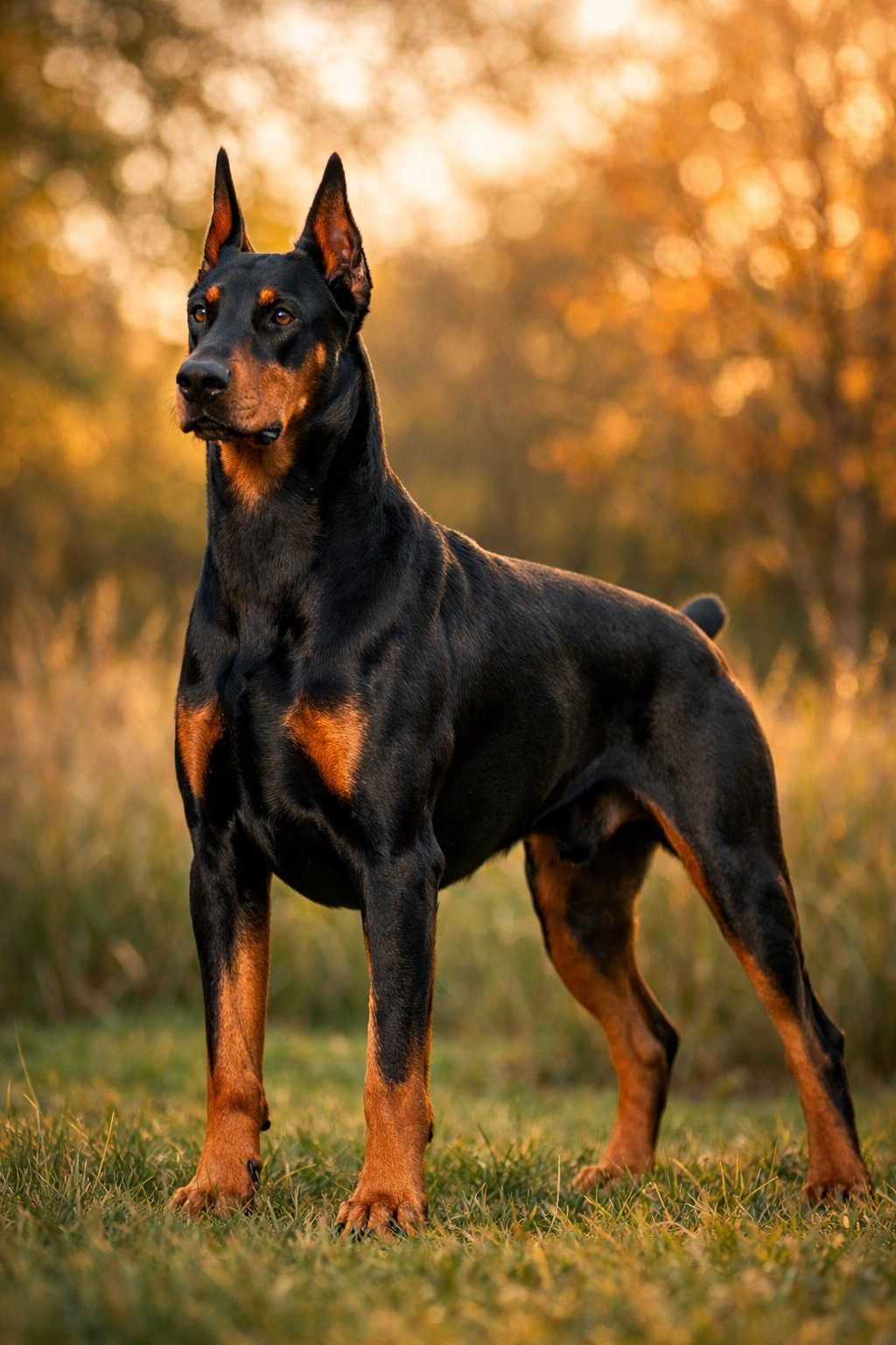 A Doberman Pinscher standing alert outdoors with green grass and autumn trees in the background.