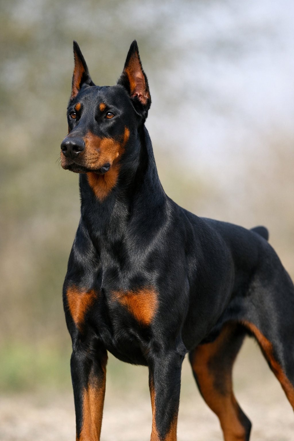 A Doberman Pinscher dog standing alert outdoors, showing its sleek black and rust coat and pointed ears.