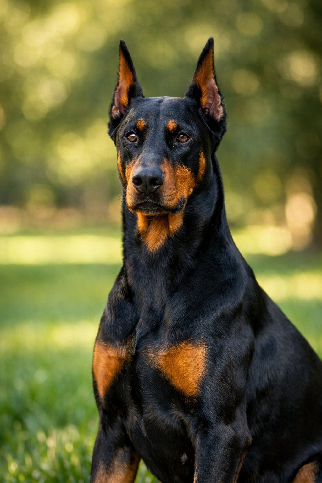 A Doberman Pinscher sitting attentively outdoors on green grass with a calm expression.