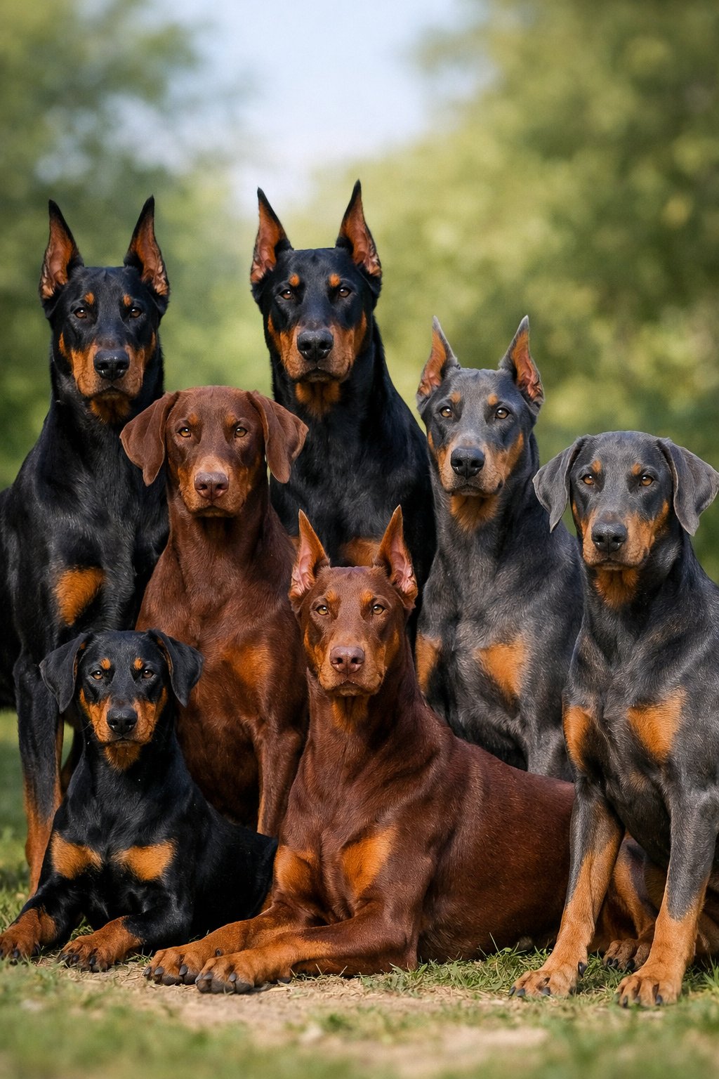Several Doberman Pinschers of different colors and ear types standing outdoors on grass with trees in the background.