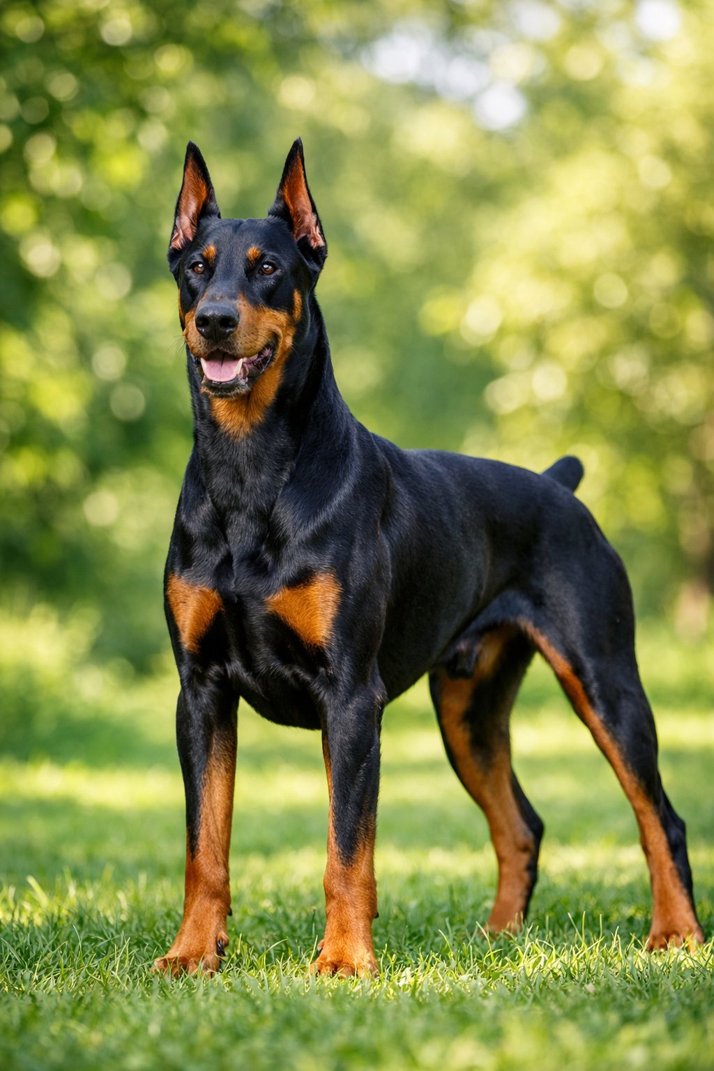 A Doberman Pinscher dog standing alert outdoors with green foliage in the background.