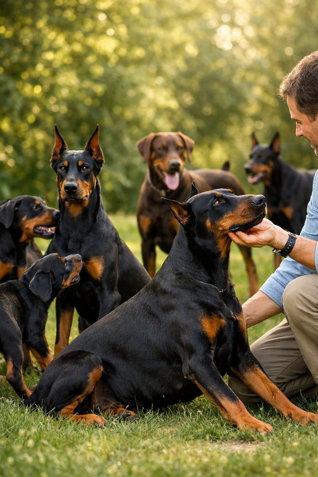 Several Doberman Pinschers outdoors with a person caring for one of the dogs in a green park.