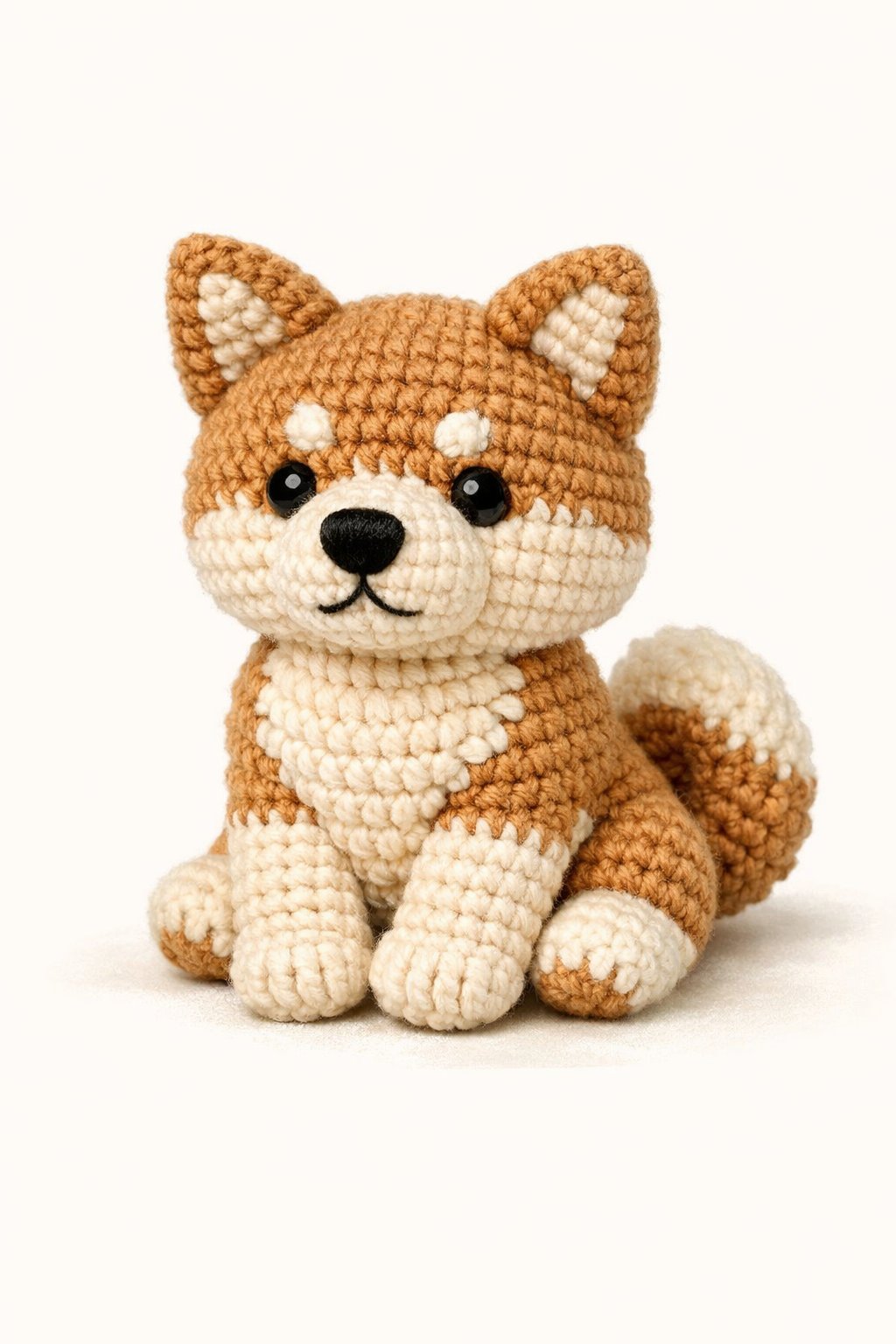A crocheted Akita dog amigurumi sitting calmly with visible yarn stitches and distinct features.