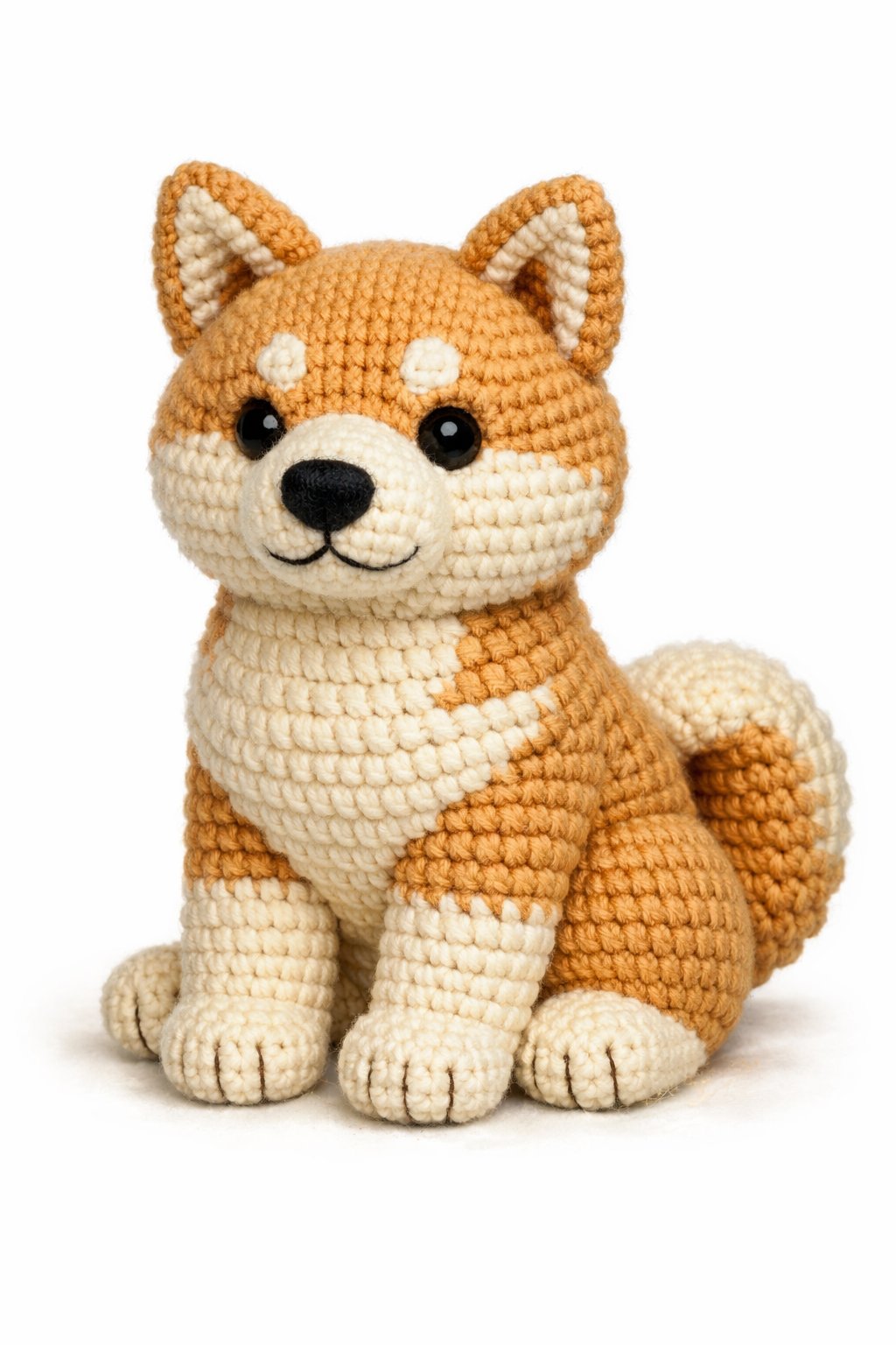 A crocheted Akita dog sitting upright with pointed ears and a curled tail.