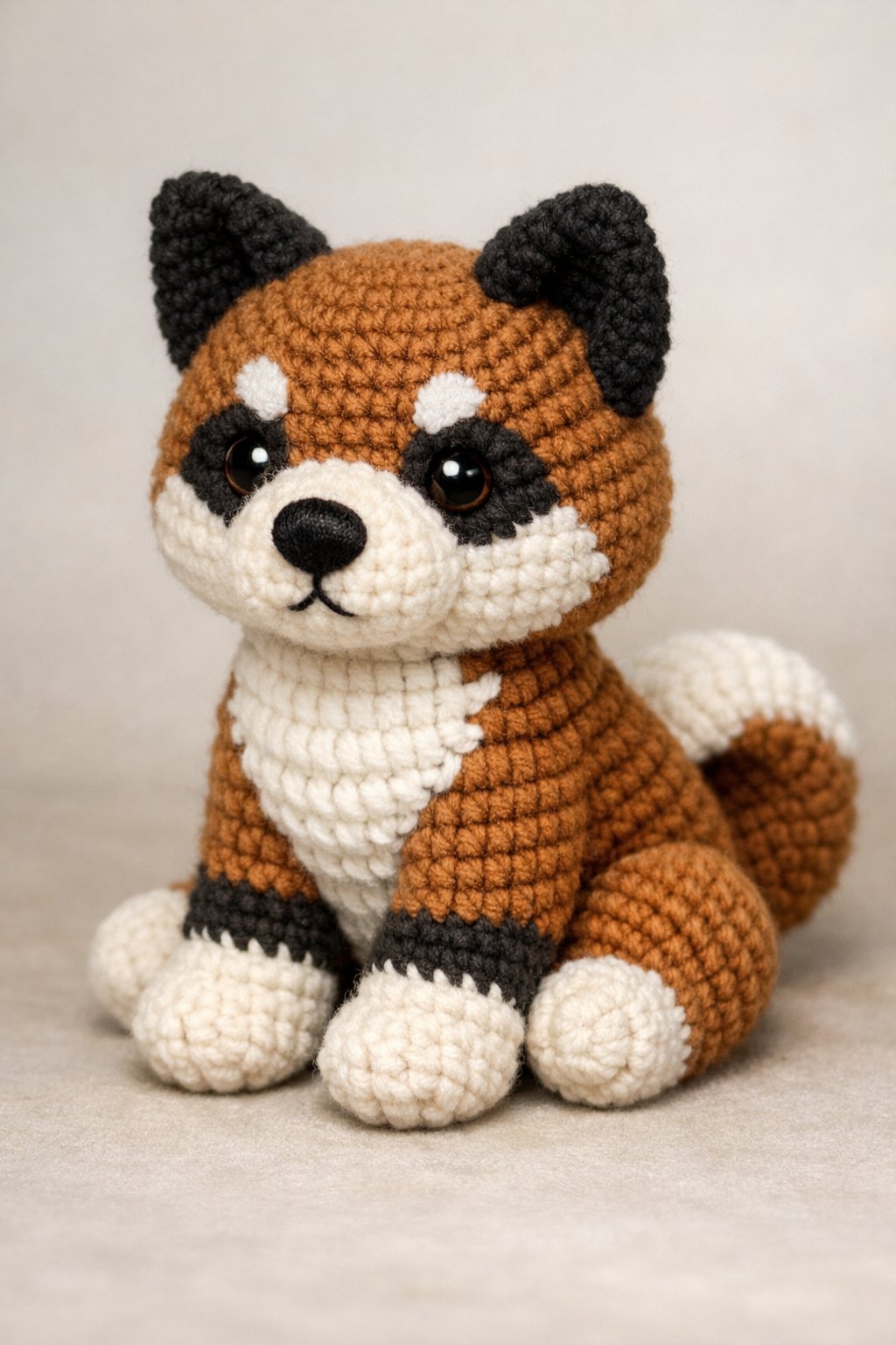 A crocheted Akita dog amigurumi made with brown, black, and white yarn sitting on a plain background.