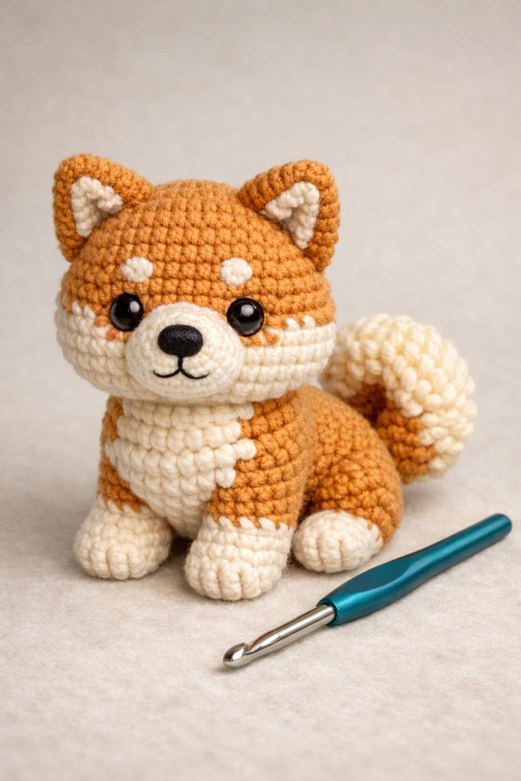 A crocheted Akita dog amigurumi next to a 3.5mm crochet hook on a plain background.