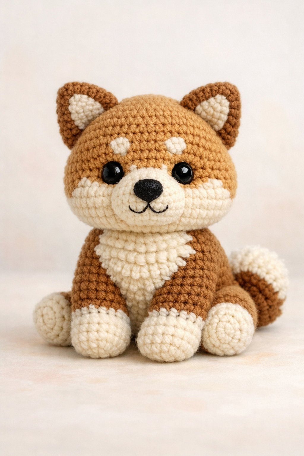 A crocheted Akita dog amigurumi sitting upright with detailed fur patterns and a friendly expression.