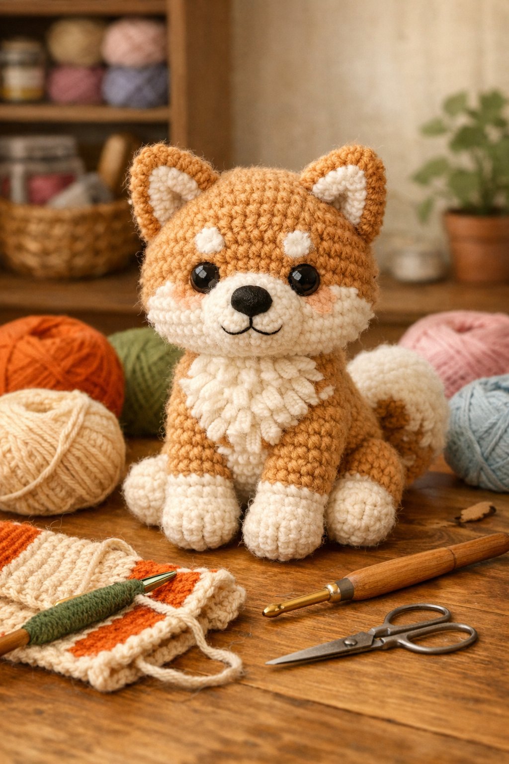 A crocheted AmiDogs Akita amigurumi dog sitting on a table surrounded by yarn and crochet tools in a cozy crafting space.