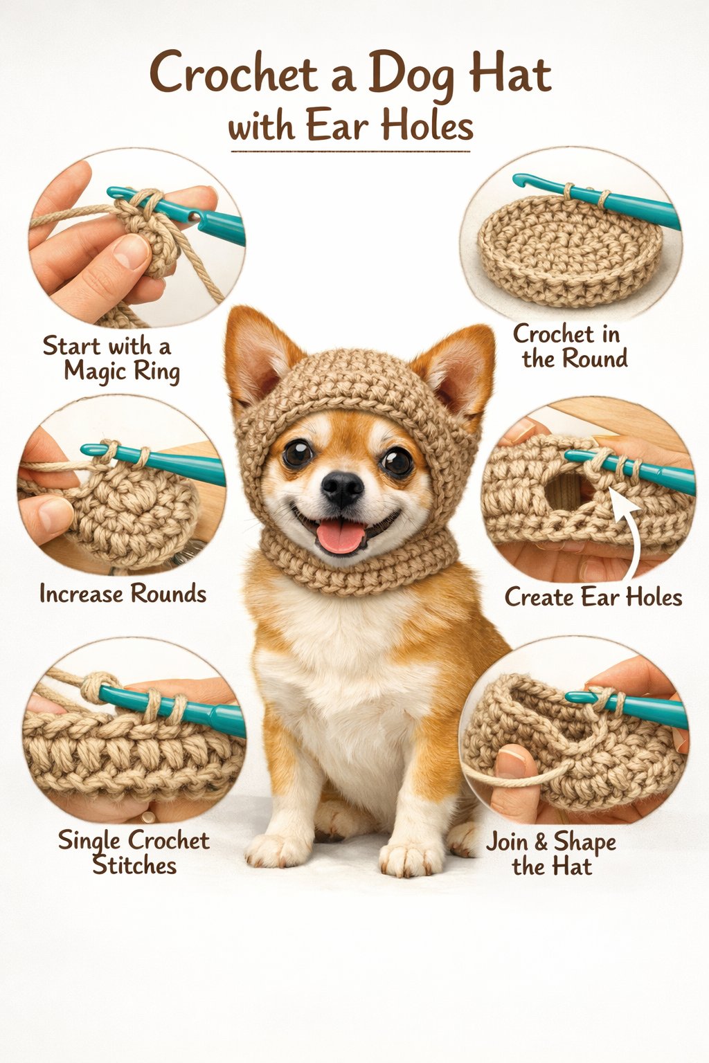 A small dog wearing a crochet hat with ear holes, surrounded by close-up views of crochet stitches and tools.