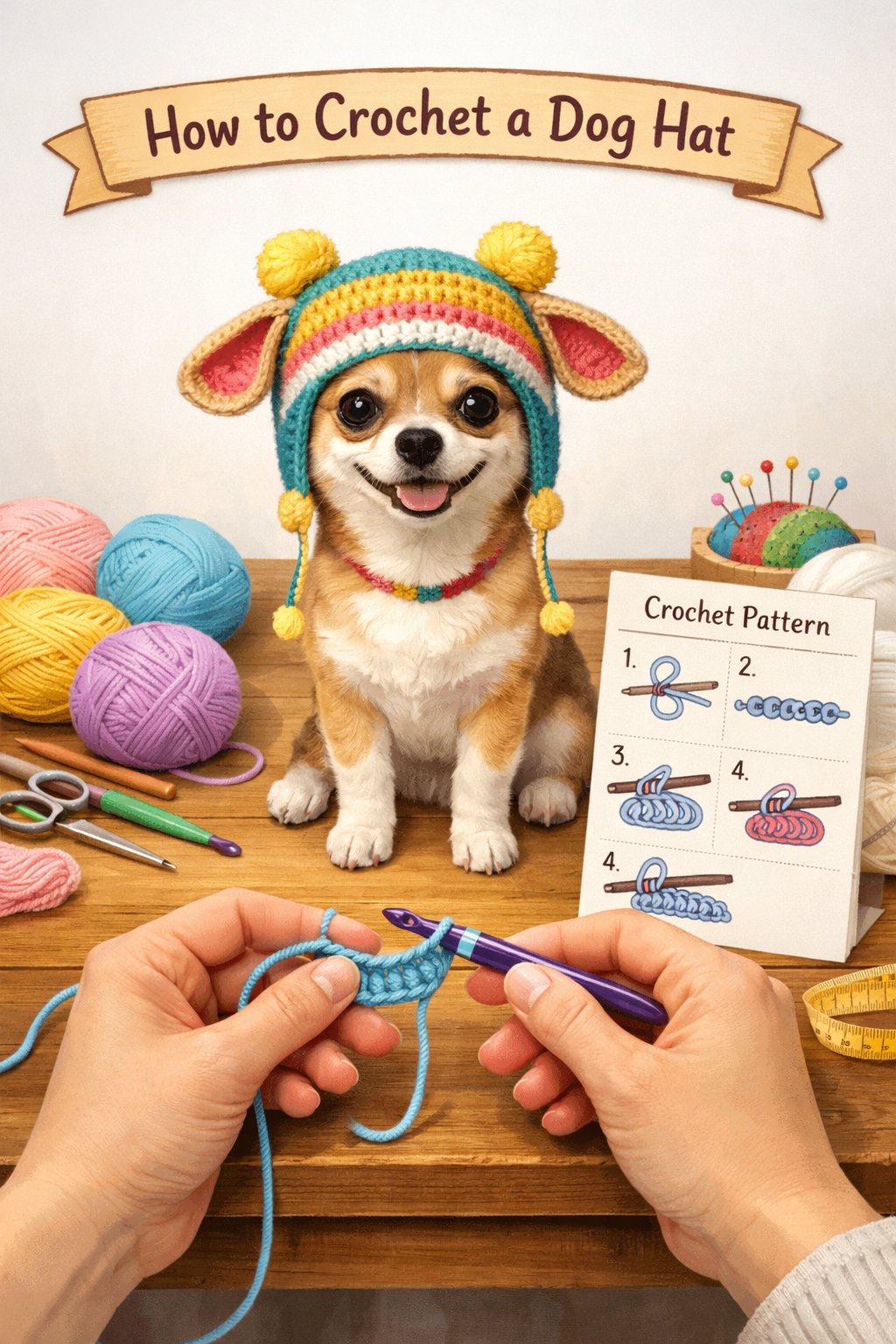 A small dog wearing a colorful crochet hat sitting on a table surrounded by yarn, crochet hooks, and hands demonstrating crochet stitches.