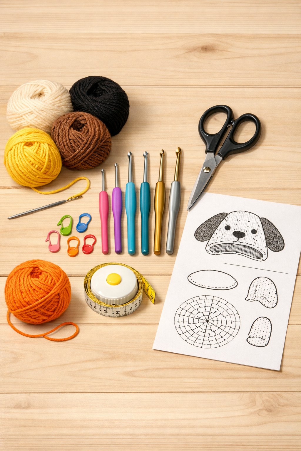 A neatly arranged set of crochet materials and tools including yarn, hooks, scissors, stitch markers, measuring tape, and a pattern sheet on a wooden table.