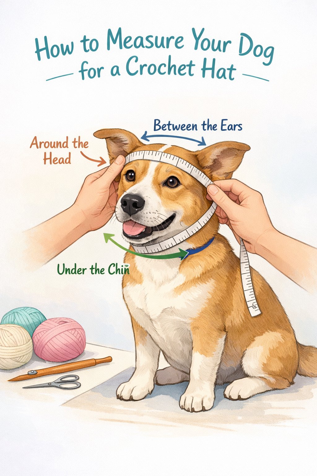 A person measuring a dog's head with a tape measure while the dog sits calmly, surrounded by crochet materials.