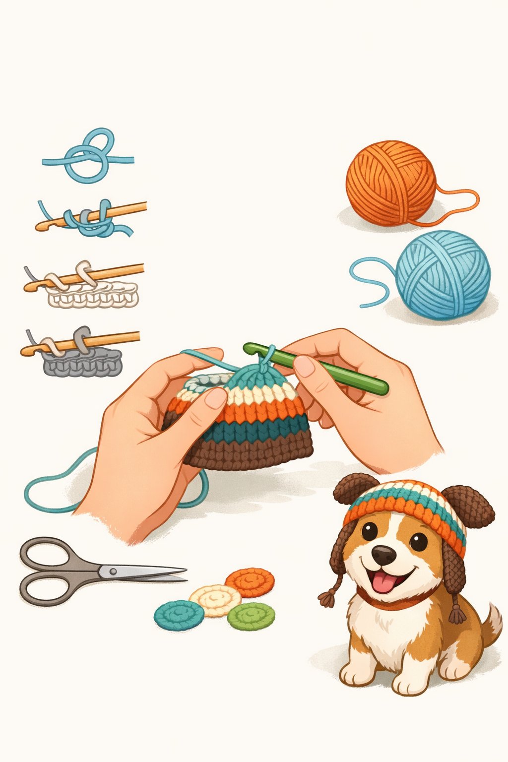 Hands crocheting a small dog hat with yarn and a crochet hook, with a dog wearing a finished hat sitting nearby.