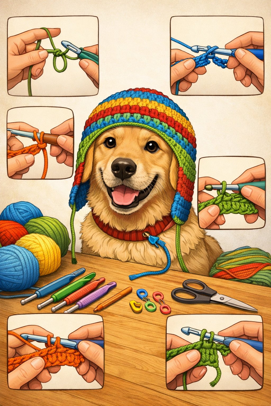 Illustration of a dog wearing a partially crocheted hat with crochet tools and close-up steps showing how to make the hat.