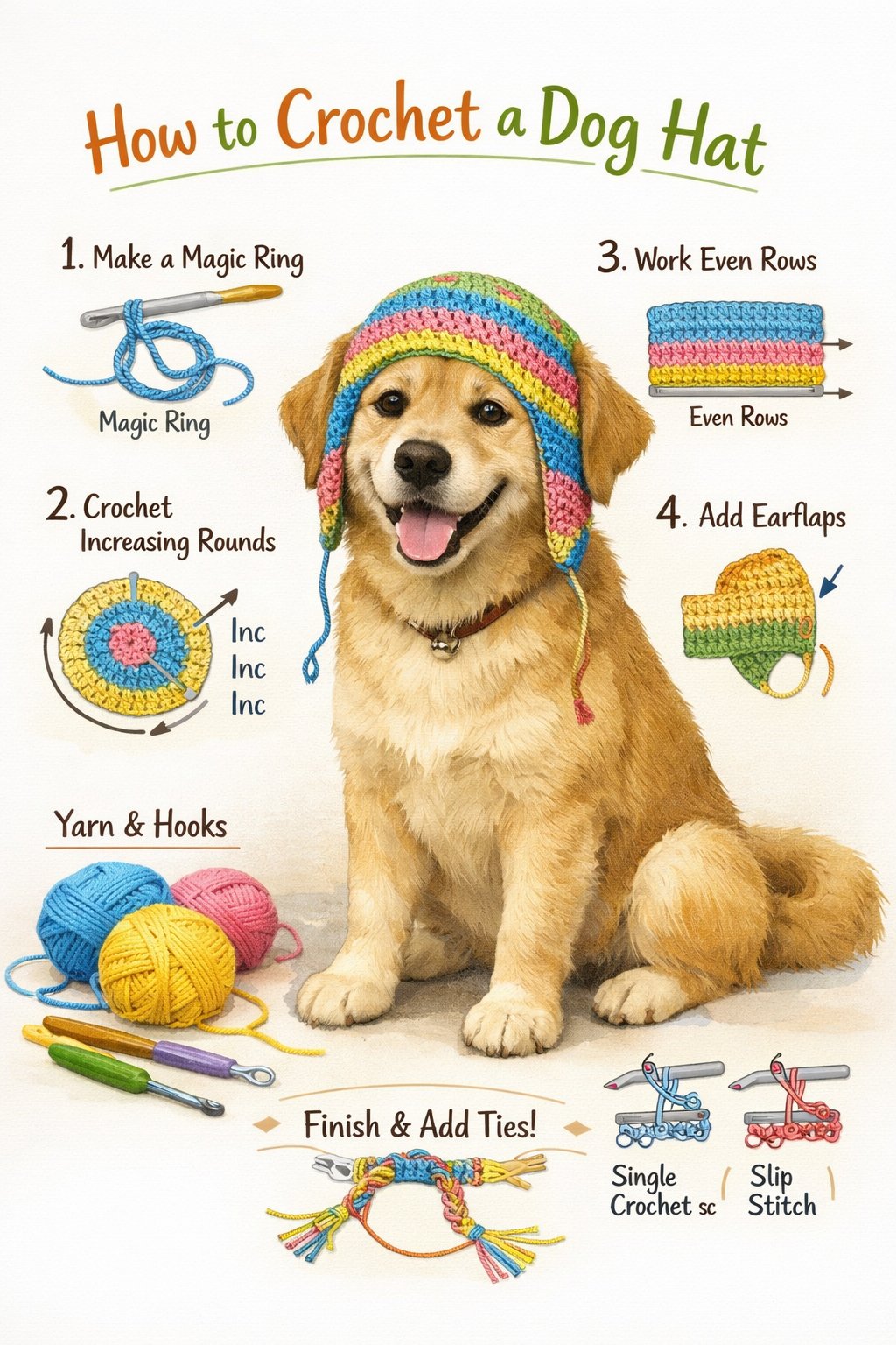 A dog wearing a partially crocheted hat sits surrounded by yarn and crochet tools.