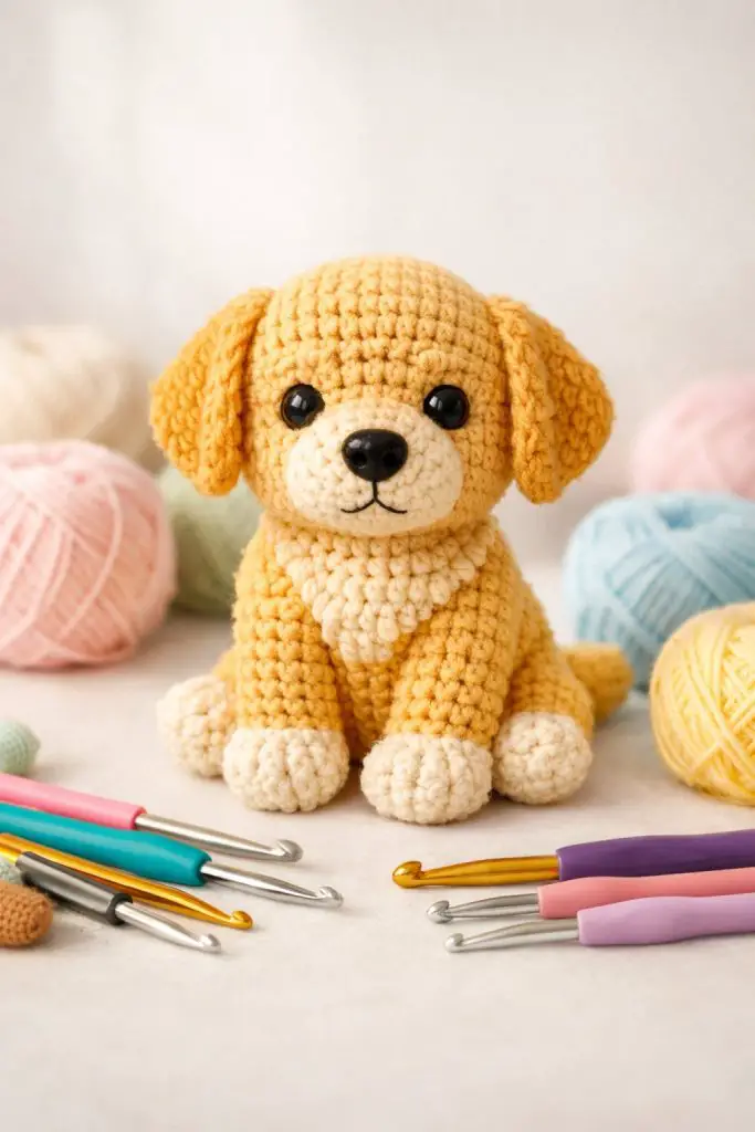 A crocheted golden retriever puppy sitting on a surface with crochet hooks and balls of yarn around it