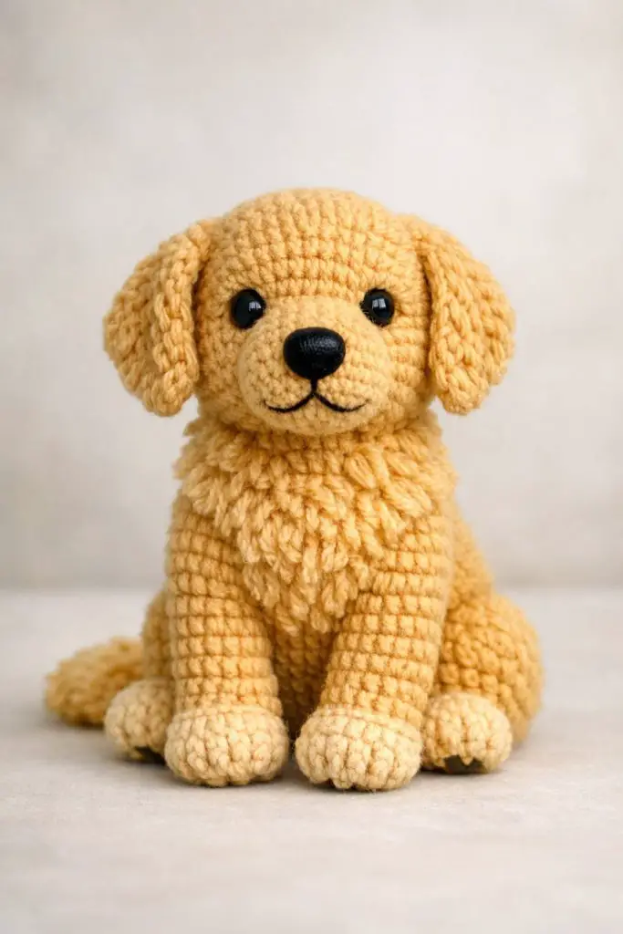 A crocheted golden retriever sitting calmly with a friendly expression