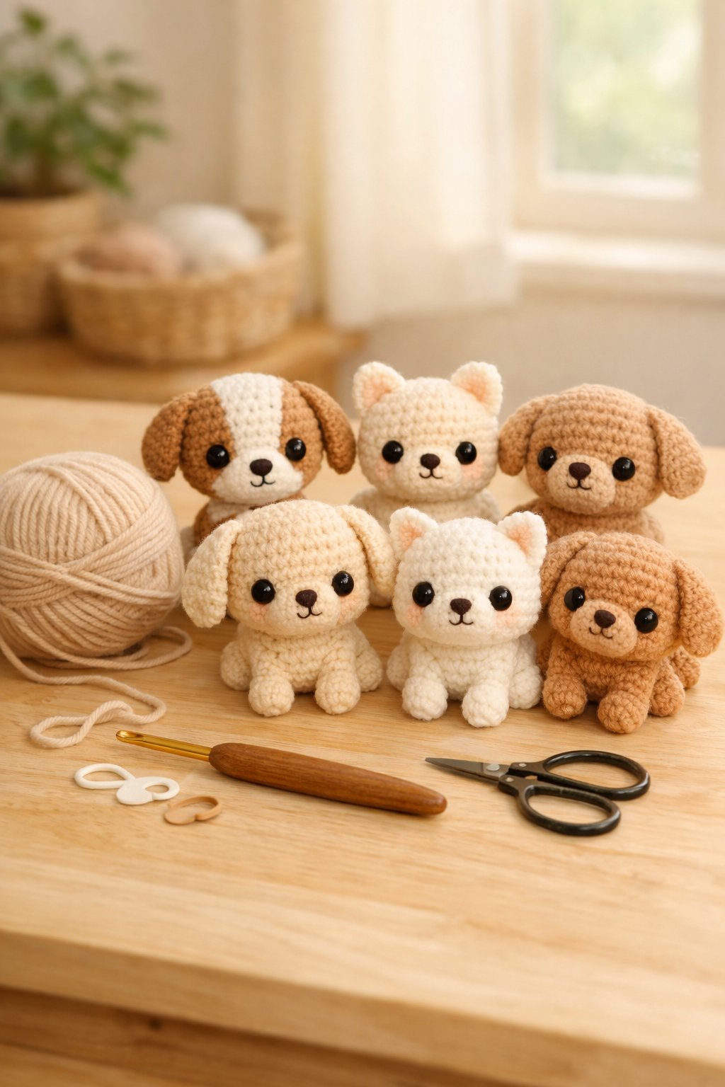 Several small crocheted dog toys arranged on a table with yarn and crochet tools nearby.