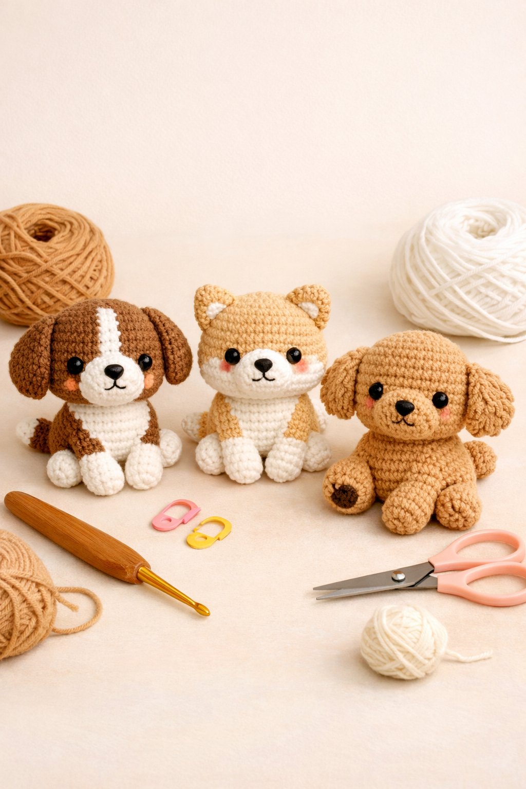 Three small crocheted dog dolls with crochet tools arranged on a soft background.